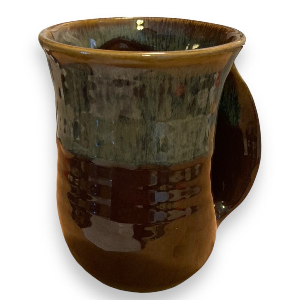 Hand Thrown Clay Blue Tan Brown Glazed Hand Warmer Tea Cup Coffee Mug Fall